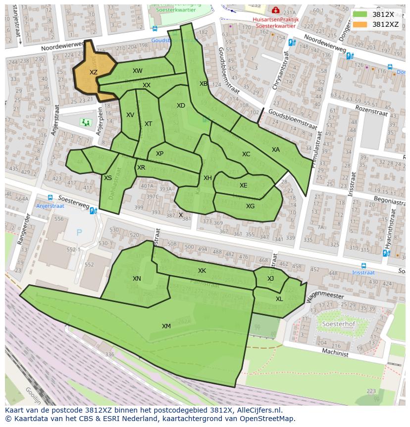 Afbeelding van het postcodegebied 3812 XZ op de kaart.