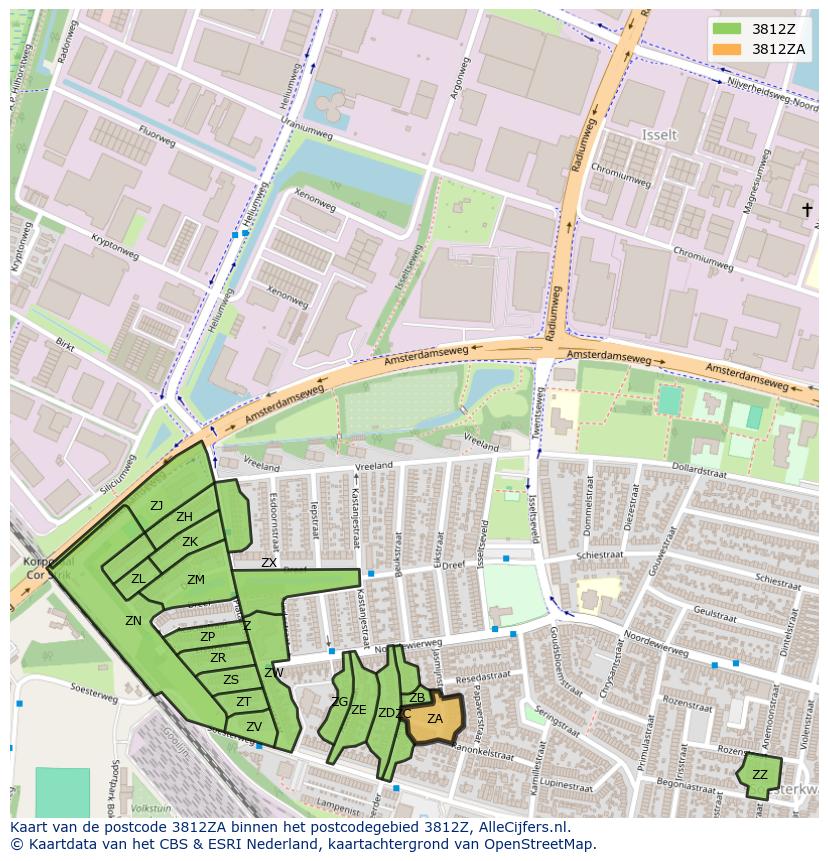 Afbeelding van het postcodegebied 3812 ZA op de kaart.
