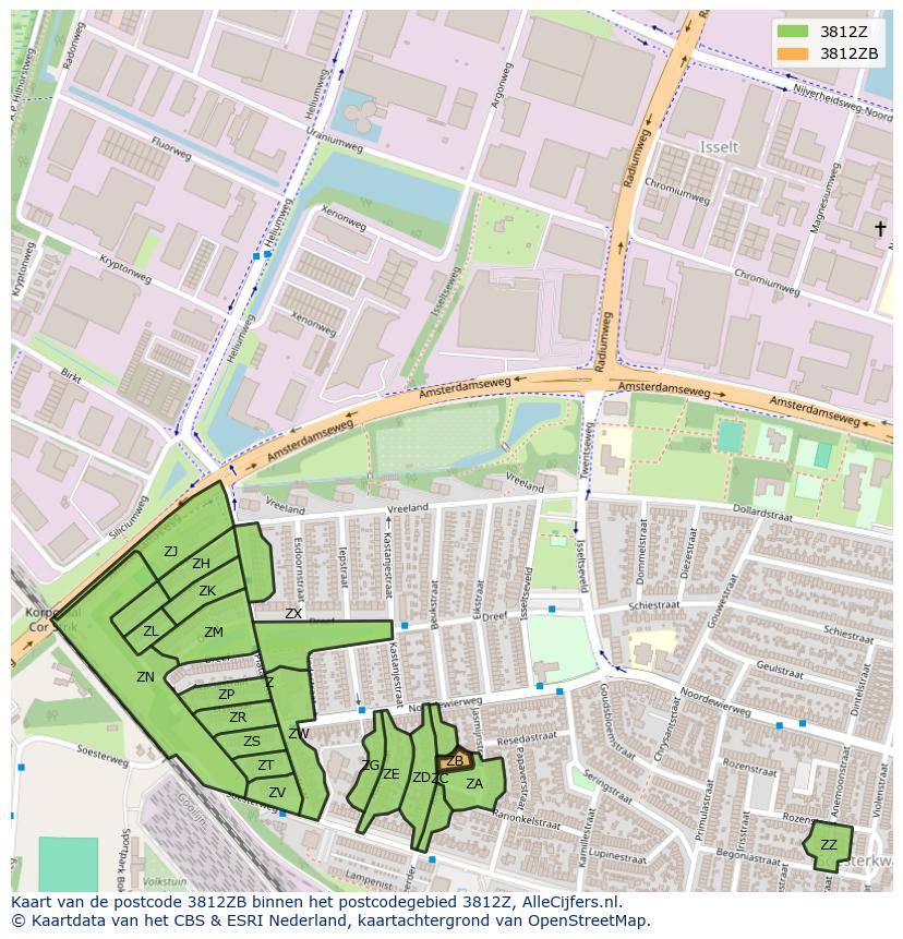 Afbeelding van het postcodegebied 3812 ZB op de kaart.