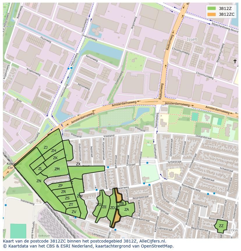 Afbeelding van het postcodegebied 3812 ZC op de kaart.