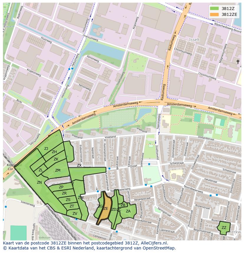 Afbeelding van het postcodegebied 3812 ZE op de kaart.