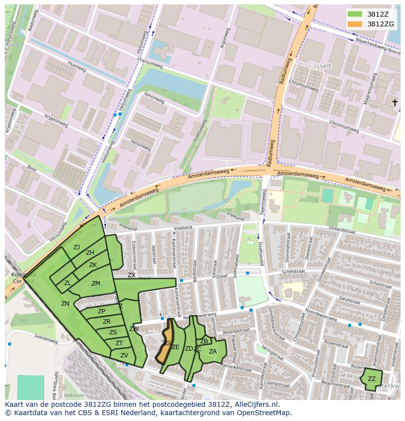 Afbeelding van het postcodegebied 3812 ZG op de kaart.