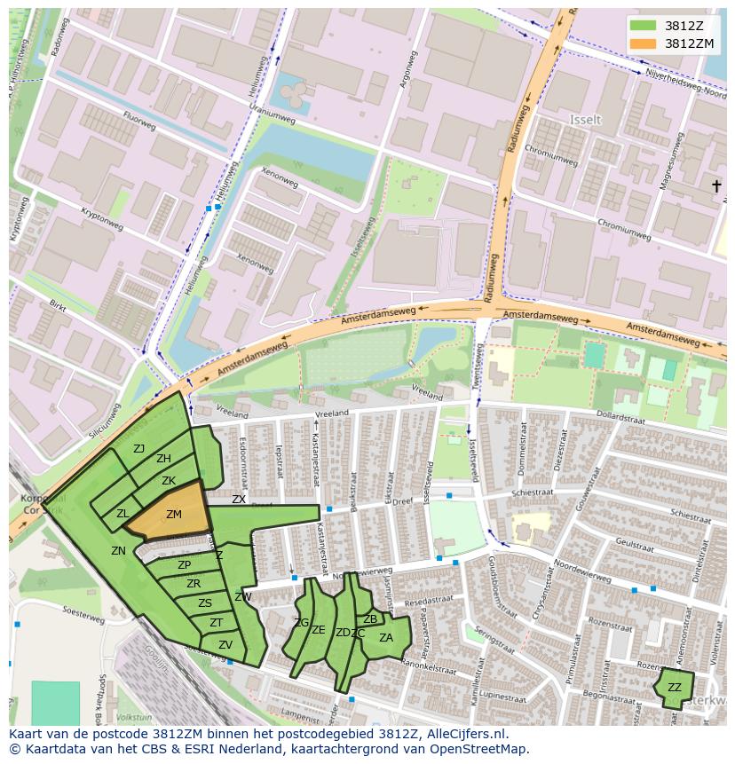Afbeelding van het postcodegebied 3812 ZM op de kaart.