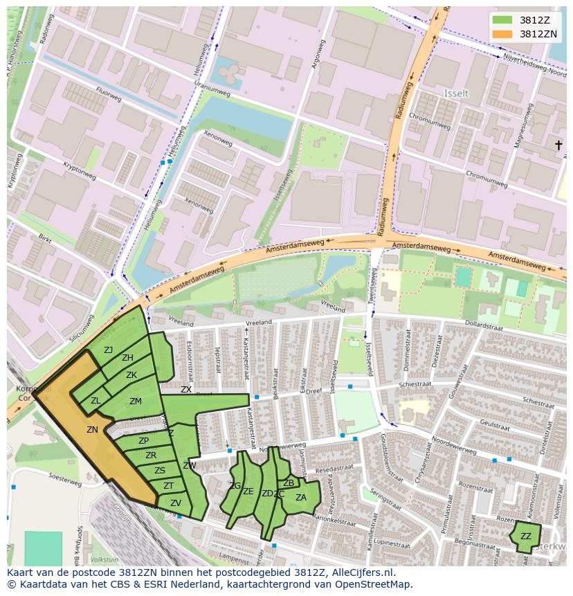 Afbeelding van het postcodegebied 3812 ZN op de kaart.