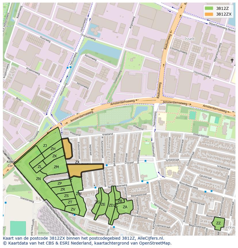 Afbeelding van het postcodegebied 3812 ZX op de kaart.