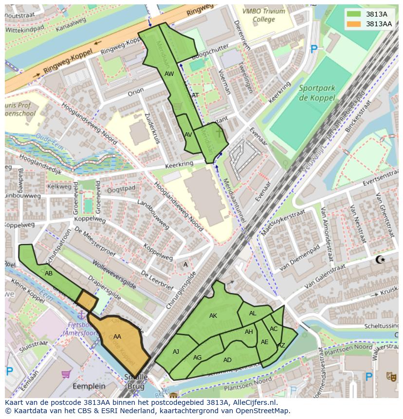 Afbeelding van het postcodegebied 3813 AA op de kaart.