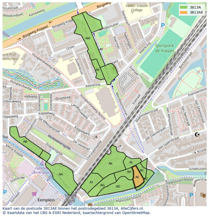 Afbeelding van het postcodegebied 3813 AE op de kaart.