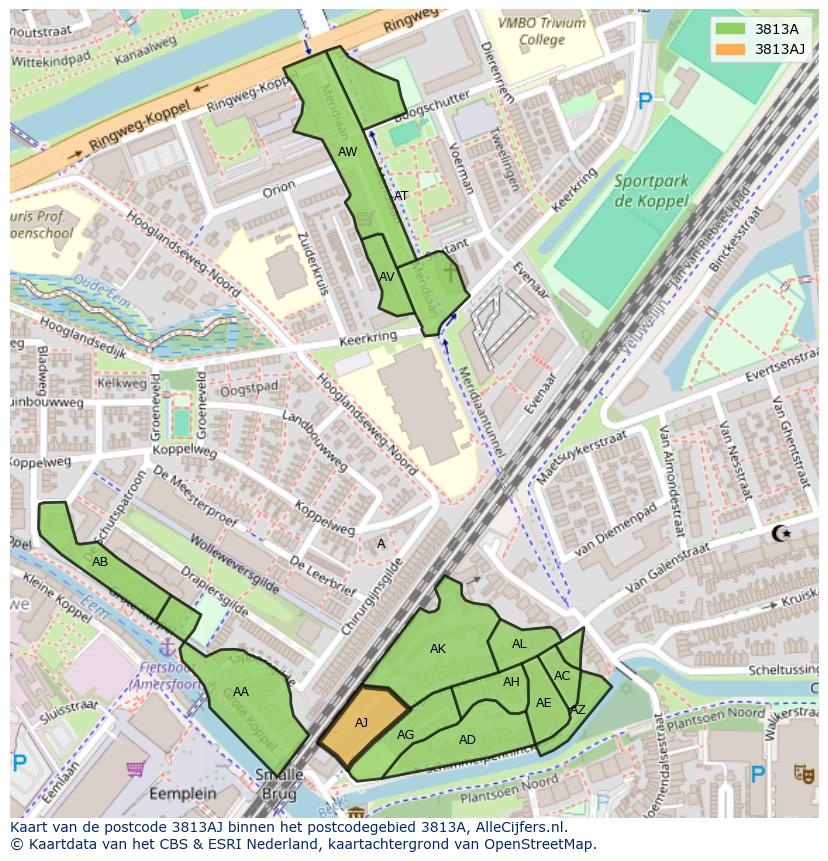 Afbeelding van het postcodegebied 3813 AJ op de kaart.