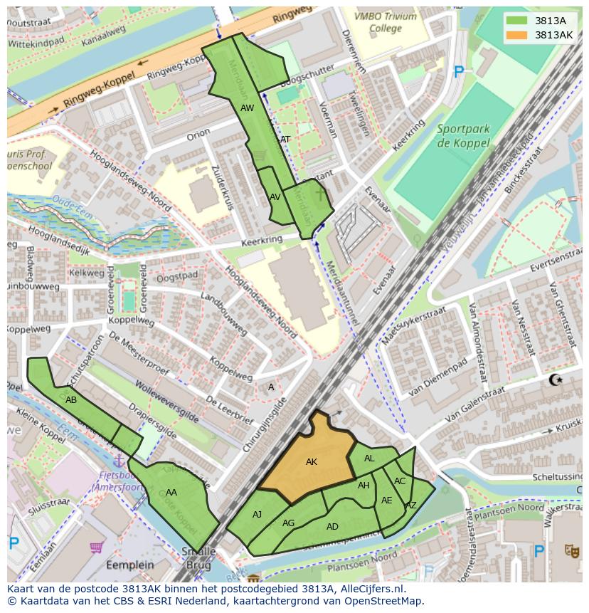 Afbeelding van het postcodegebied 3813 AK op de kaart.