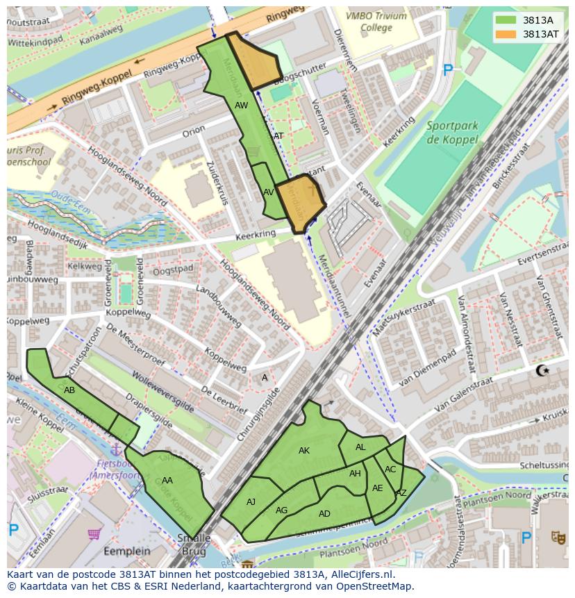 Afbeelding van het postcodegebied 3813 AT op de kaart.