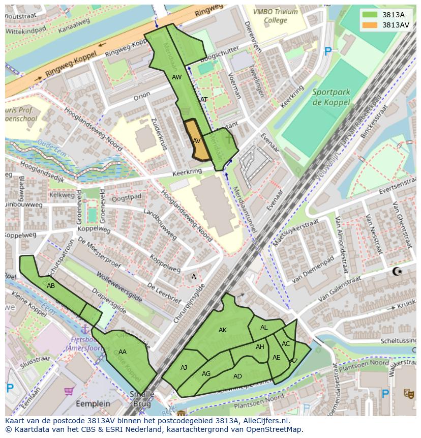 Afbeelding van het postcodegebied 3813 AV op de kaart.