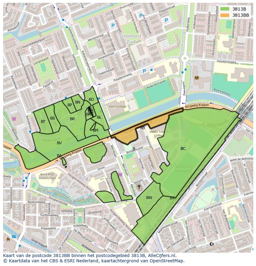 Afbeelding van het postcodegebied 3813 BB op de kaart.