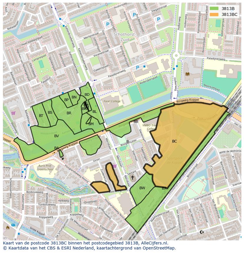 Afbeelding van het postcodegebied 3813 BC op de kaart.