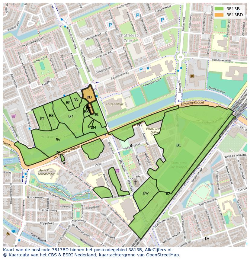 Afbeelding van het postcodegebied 3813 BD op de kaart.