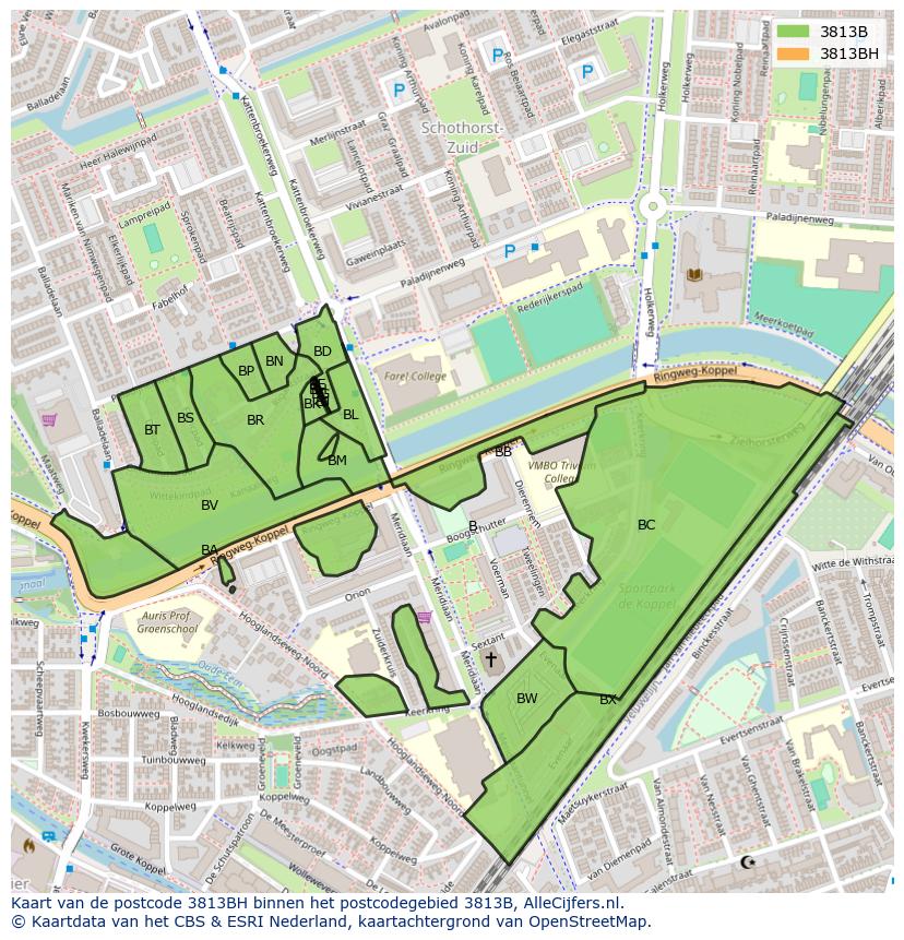 Afbeelding van het postcodegebied 3813 BH op de kaart.