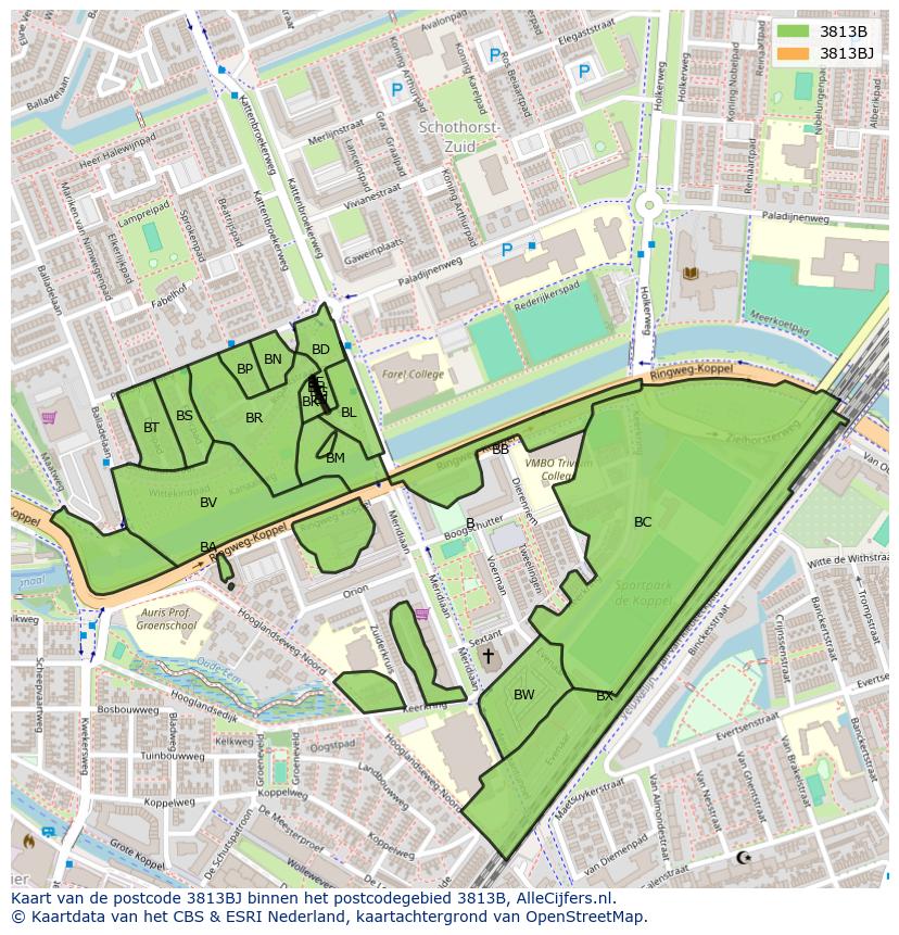 Afbeelding van het postcodegebied 3813 BJ op de kaart.