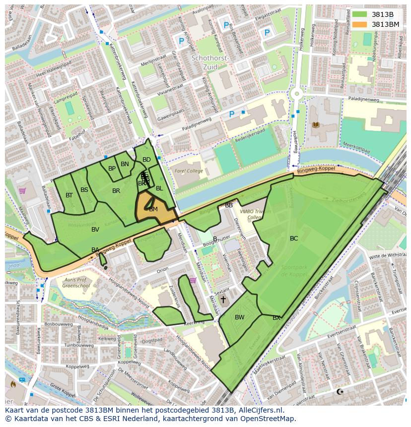 Afbeelding van het postcodegebied 3813 BM op de kaart.