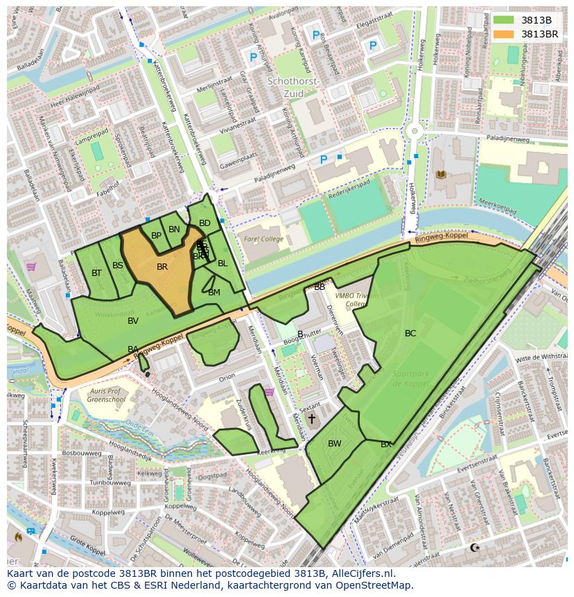 Afbeelding van het postcodegebied 3813 BR op de kaart.