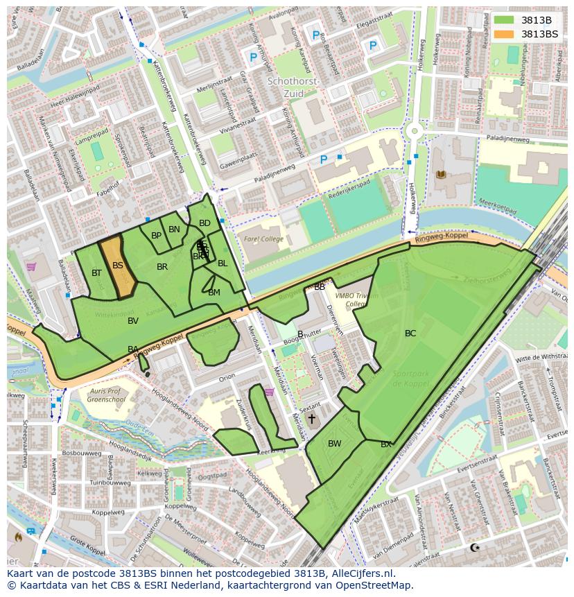 Afbeelding van het postcodegebied 3813 BS op de kaart.
