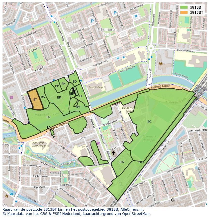 Afbeelding van het postcodegebied 3813 BT op de kaart.