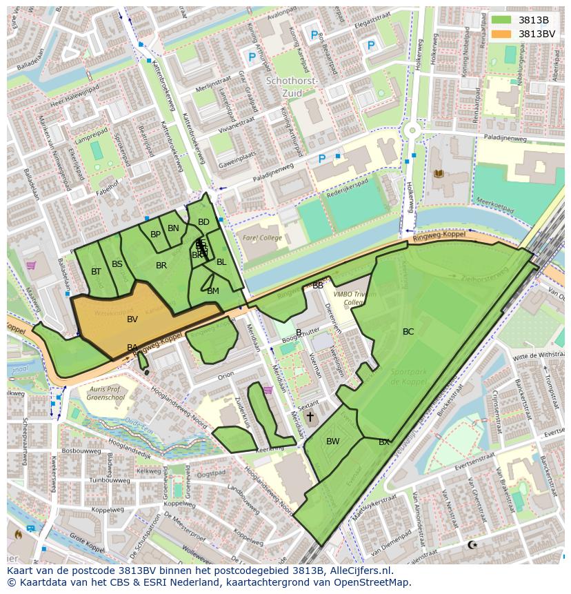 Afbeelding van het postcodegebied 3813 BV op de kaart.