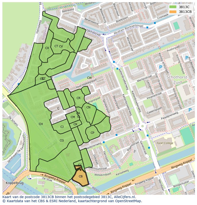 Afbeelding van het postcodegebied 3813 CB op de kaart.
