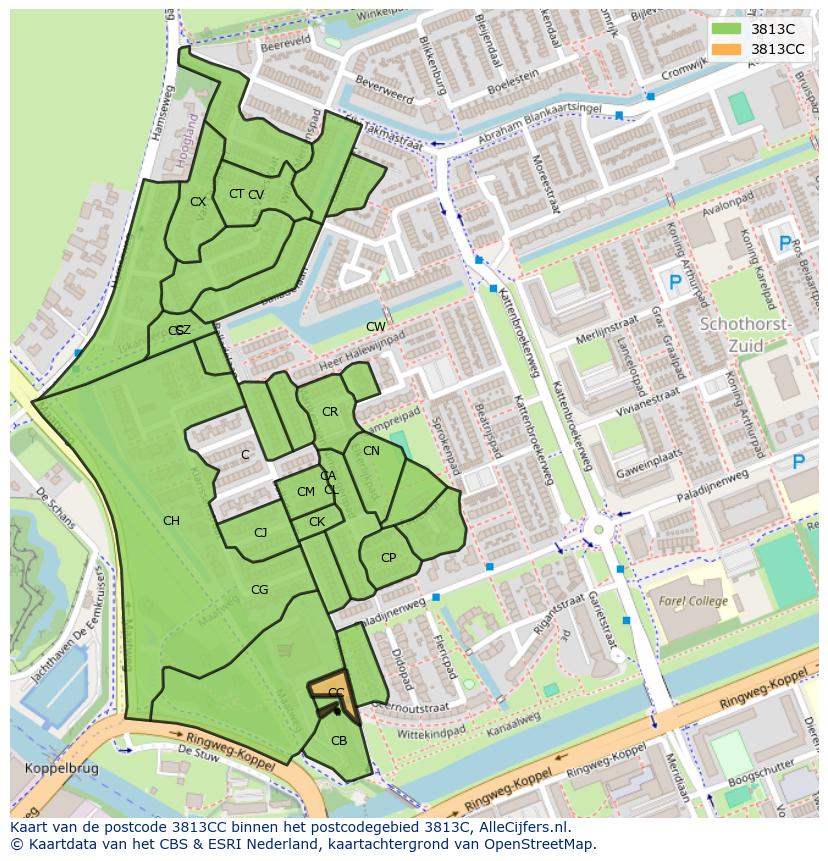 Afbeelding van het postcodegebied 3813 CC op de kaart.