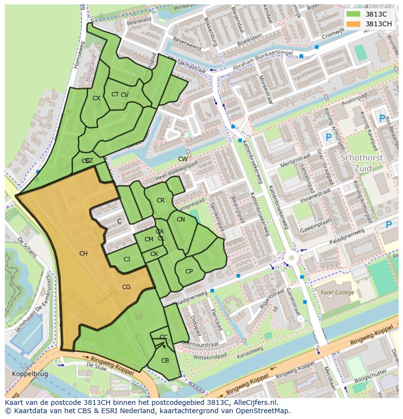 Afbeelding van het postcodegebied 3813 CH op de kaart.