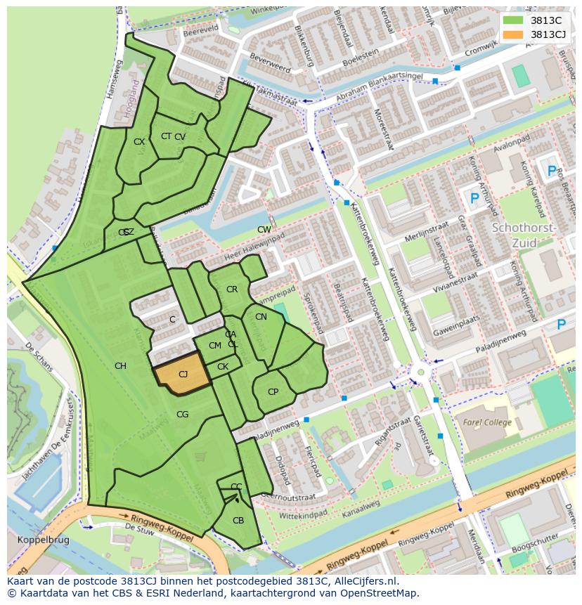 Afbeelding van het postcodegebied 3813 CJ op de kaart.