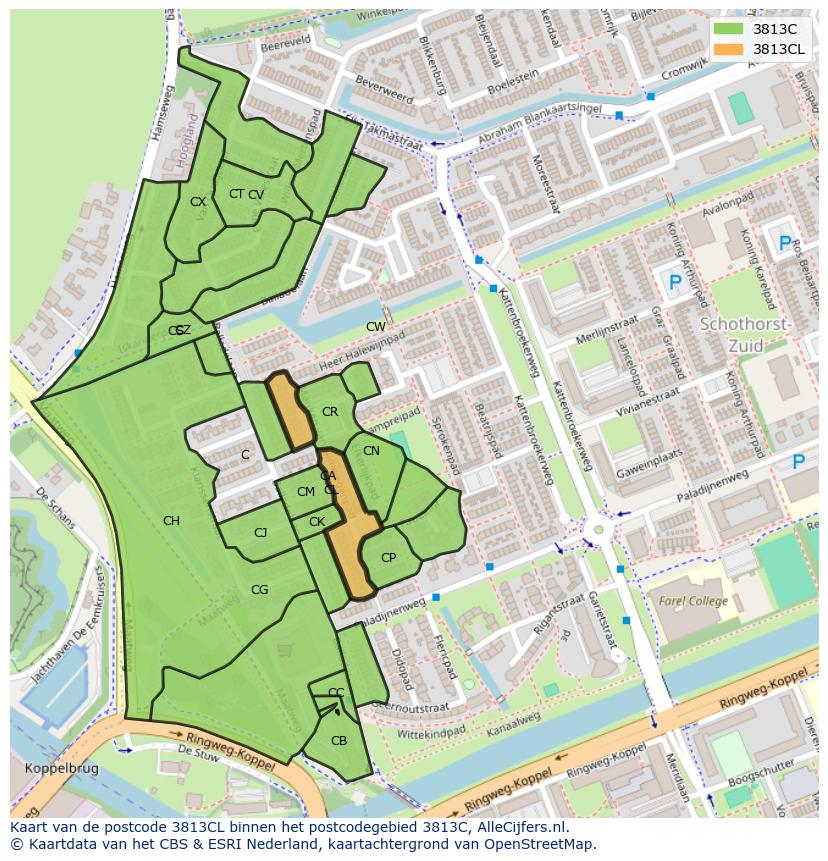Afbeelding van het postcodegebied 3813 CL op de kaart.