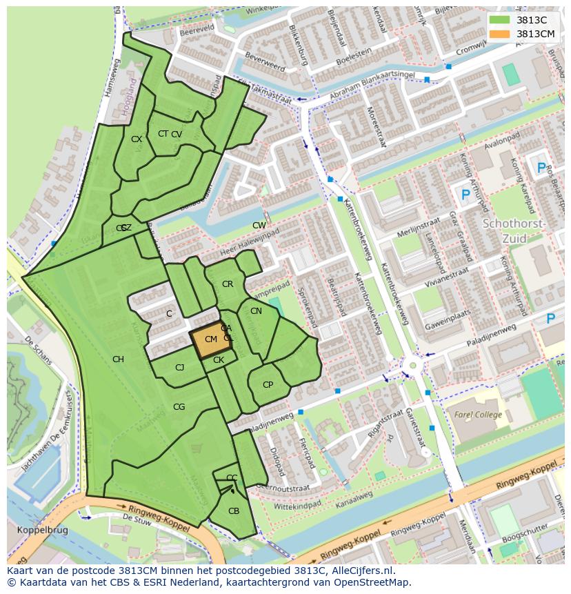 Afbeelding van het postcodegebied 3813 CM op de kaart.