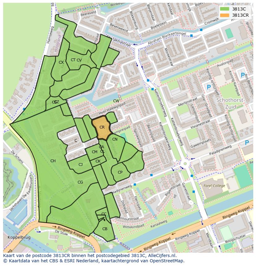 Afbeelding van het postcodegebied 3813 CR op de kaart.