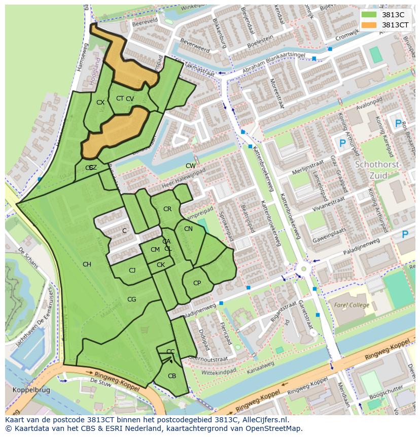 Afbeelding van het postcodegebied 3813 CT op de kaart.