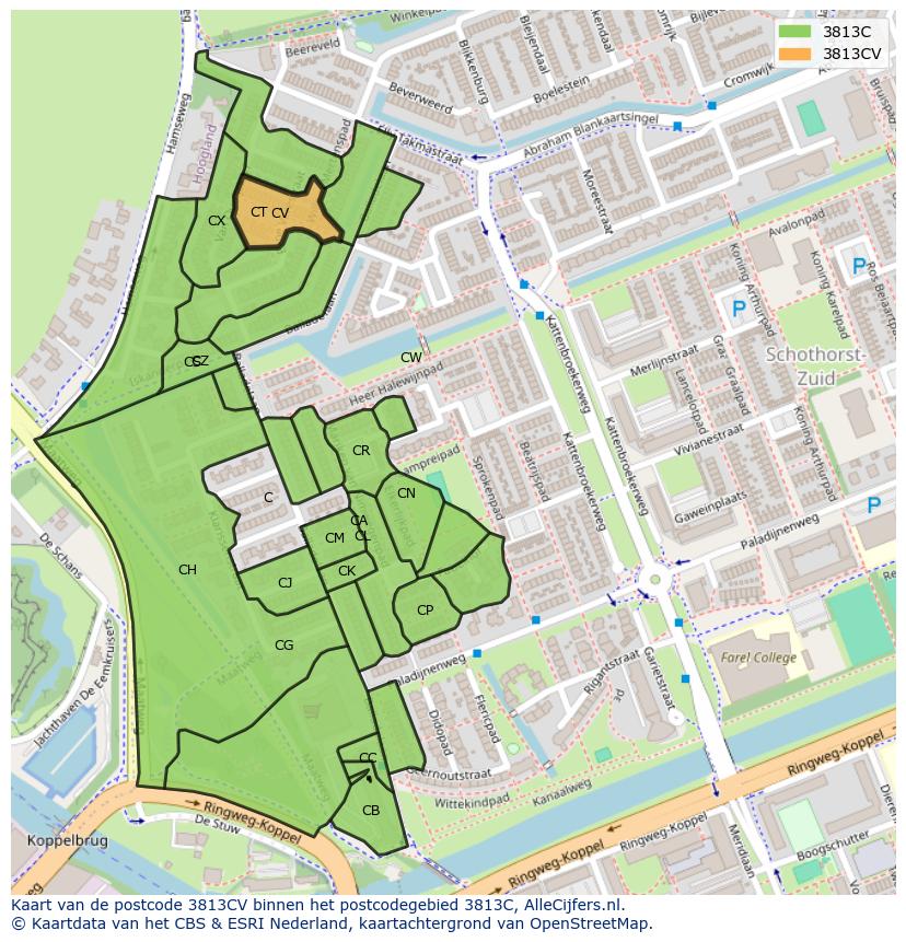 Afbeelding van het postcodegebied 3813 CV op de kaart.