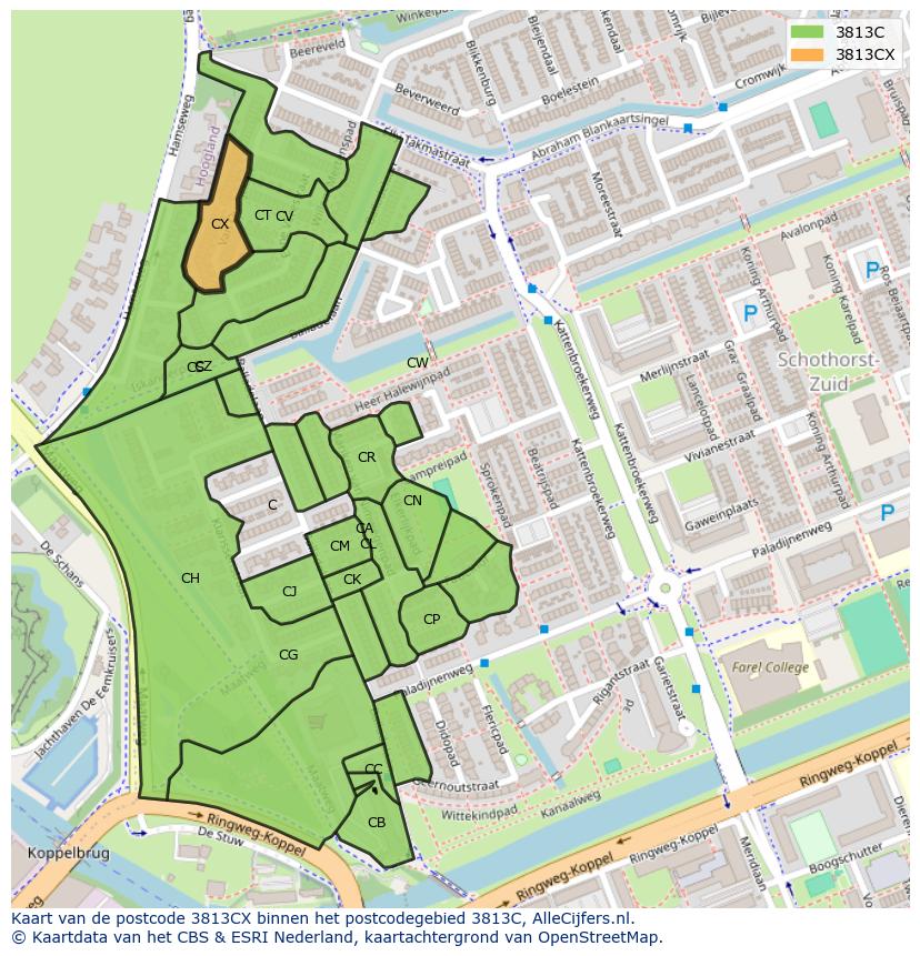 Afbeelding van het postcodegebied 3813 CX op de kaart.