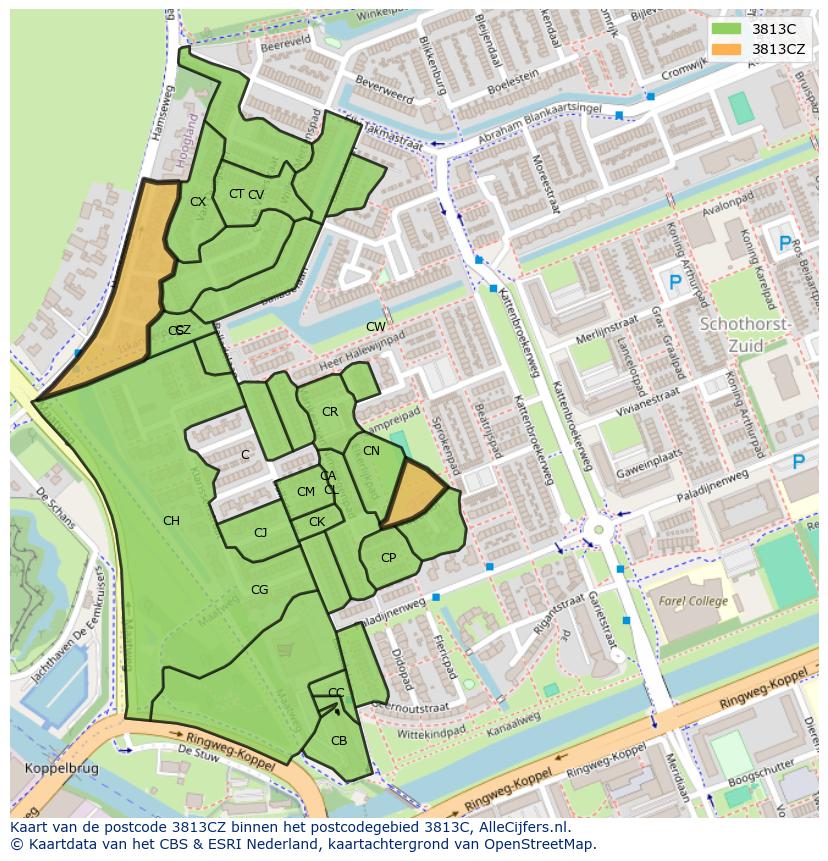 Afbeelding van het postcodegebied 3813 CZ op de kaart.
