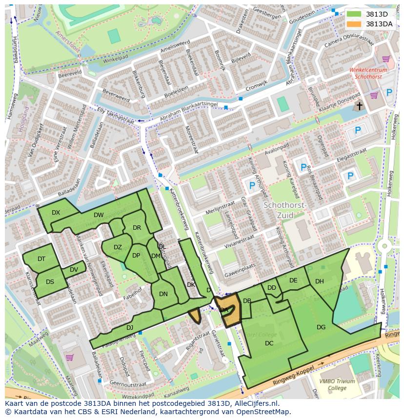 Afbeelding van het postcodegebied 3813 DA op de kaart.