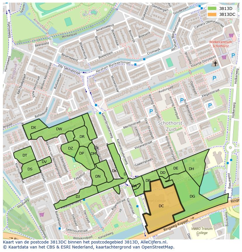 Afbeelding van het postcodegebied 3813 DC op de kaart.