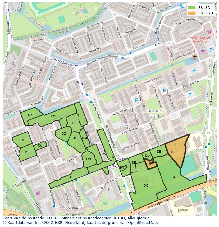 Afbeelding van het postcodegebied 3813 DH op de kaart.