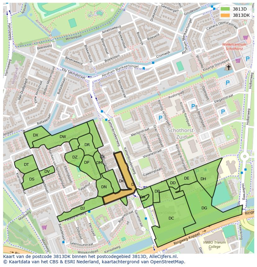Afbeelding van het postcodegebied 3813 DK op de kaart.