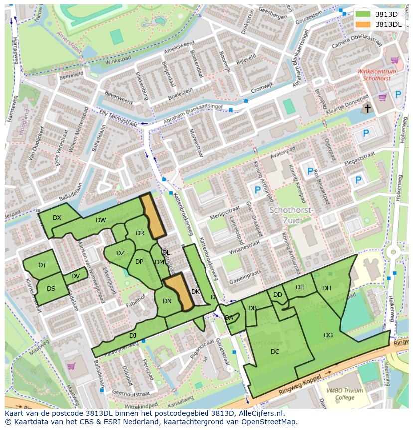 Afbeelding van het postcodegebied 3813 DL op de kaart.