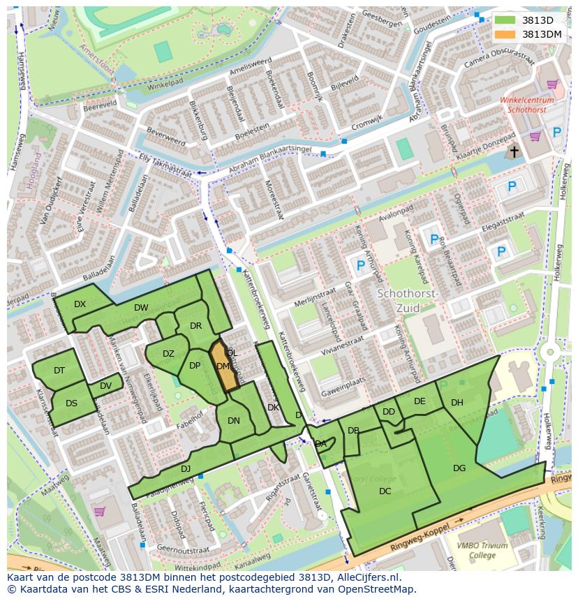 Afbeelding van het postcodegebied 3813 DM op de kaart.
