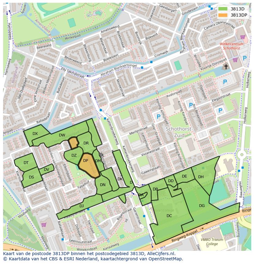 Afbeelding van het postcodegebied 3813 DP op de kaart.