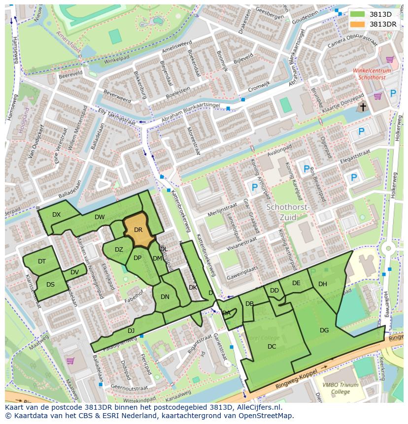 Afbeelding van het postcodegebied 3813 DR op de kaart.