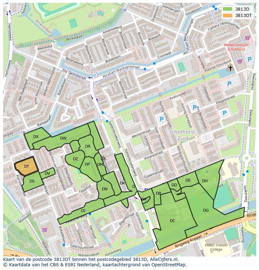 Afbeelding van het postcodegebied 3813 DT op de kaart.