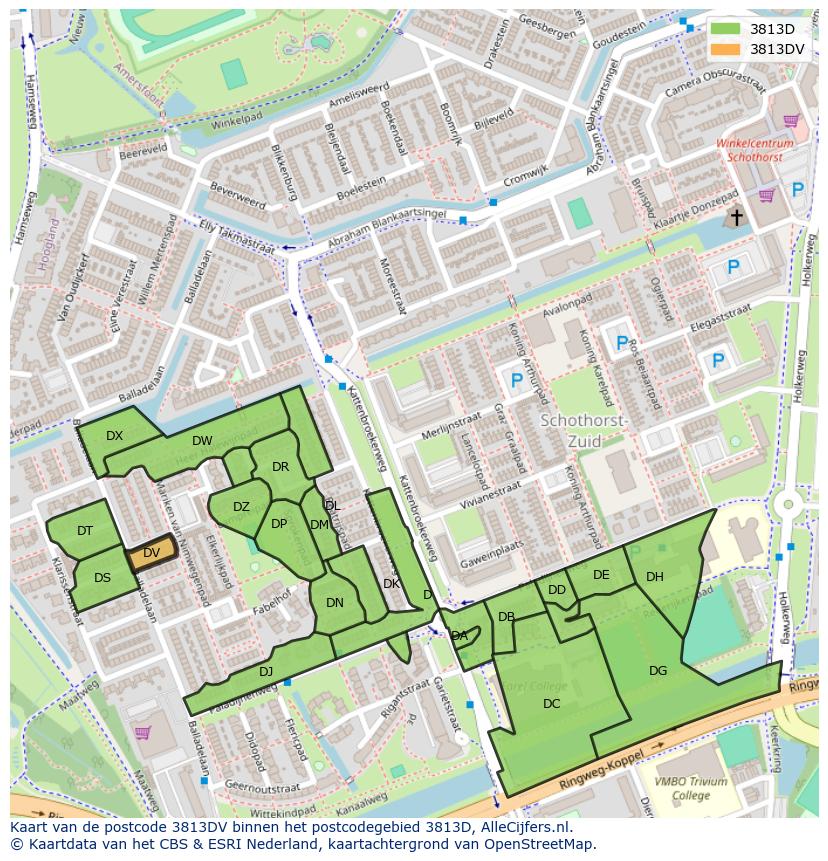 Afbeelding van het postcodegebied 3813 DV op de kaart.