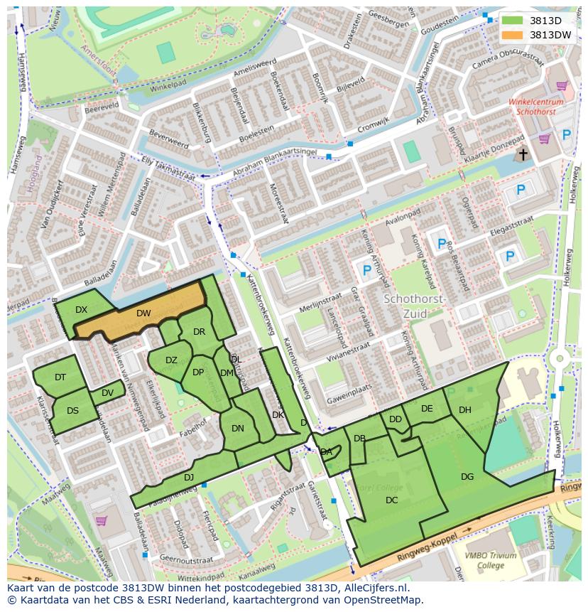 Afbeelding van het postcodegebied 3813 DW op de kaart.