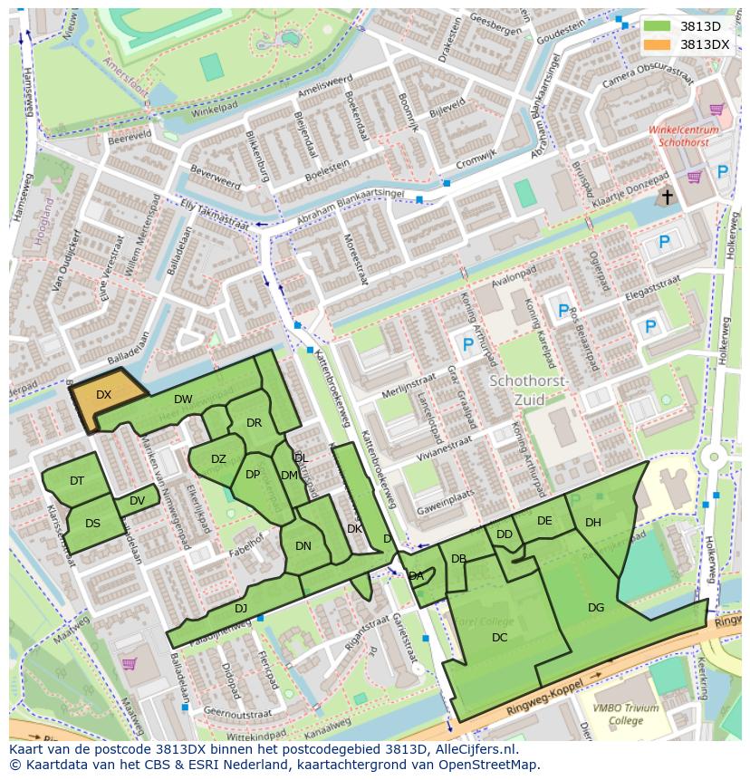 Afbeelding van het postcodegebied 3813 DX op de kaart.