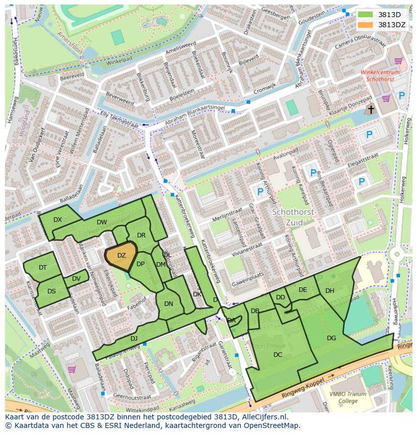 Afbeelding van het postcodegebied 3813 DZ op de kaart.