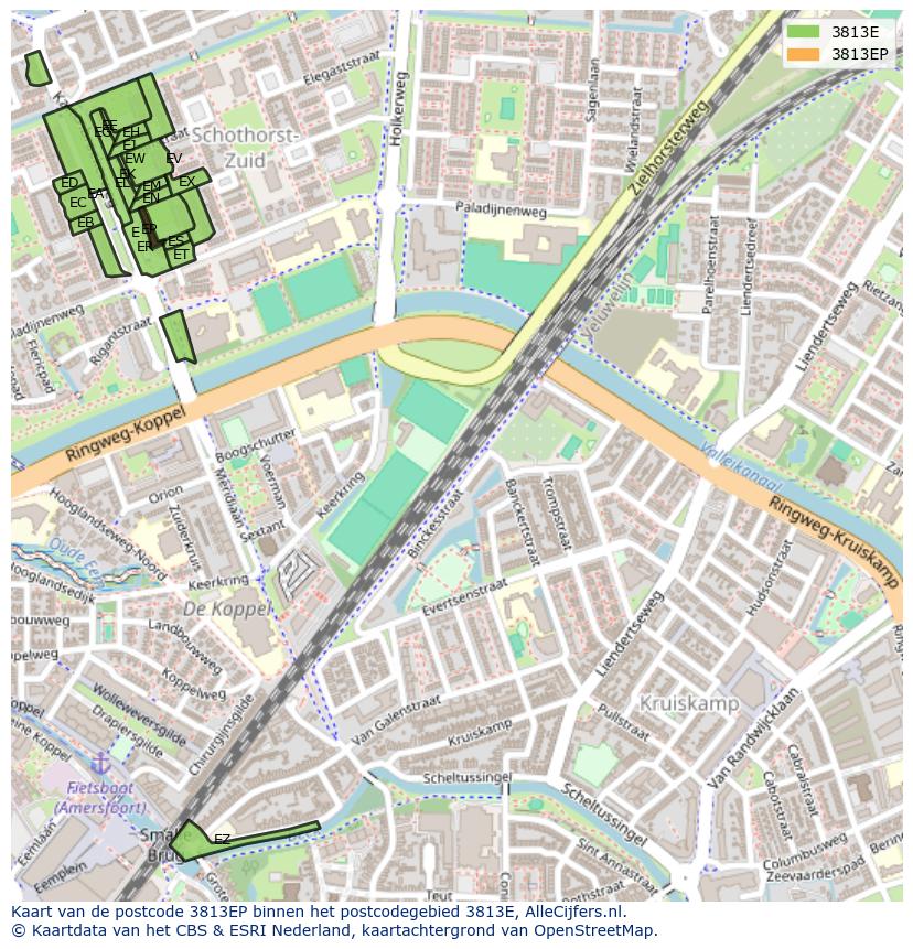 Afbeelding van het postcodegebied 3813 EP op de kaart.